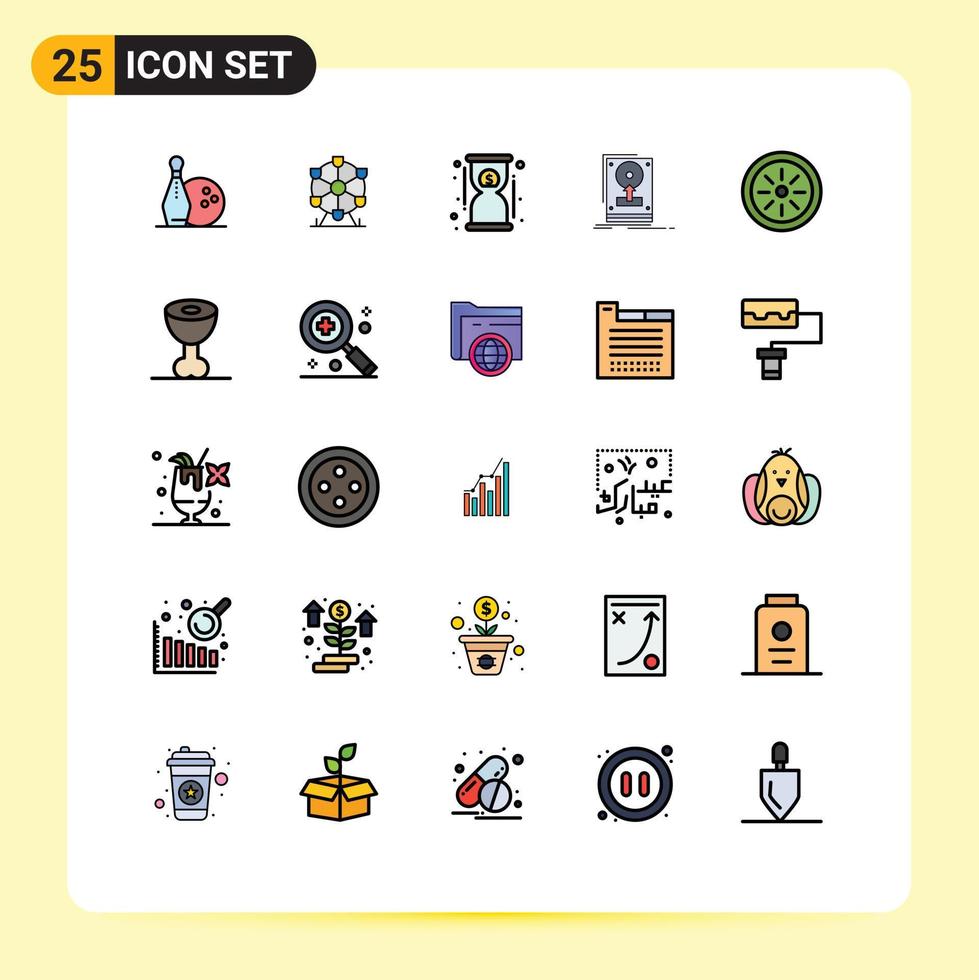 modern uppsättning av 25 fylld linje platt färger pictograph av frukt ladda upp timglas spara kör redigerbar vektor design element