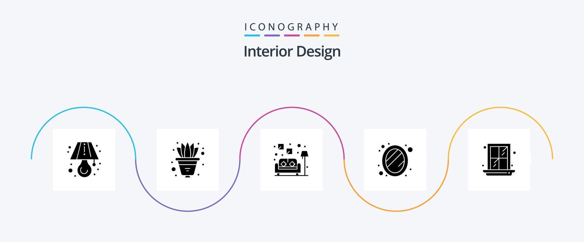 interiör design glyf 5 ikon packa Inklusive . fönster. lampa. interiör. Hem vektor