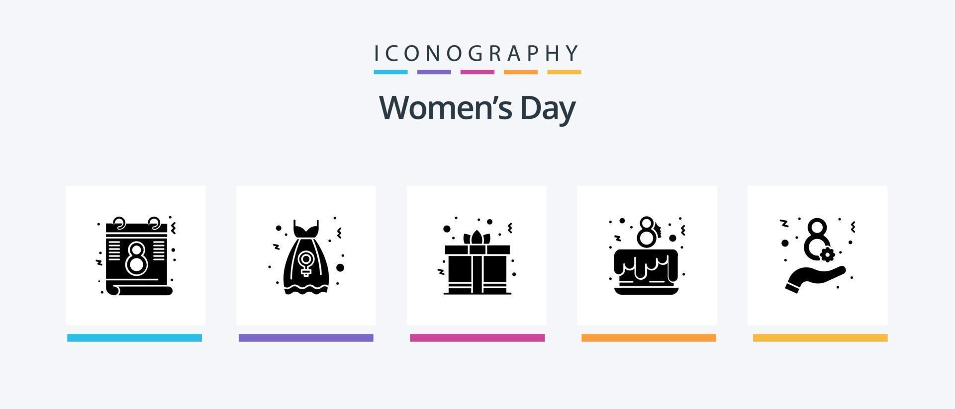 kvinnor dag glyf 5 ikon packa Inklusive kvinnor. dag. gåva låda. fira. dag. kreativ ikoner design vektor
