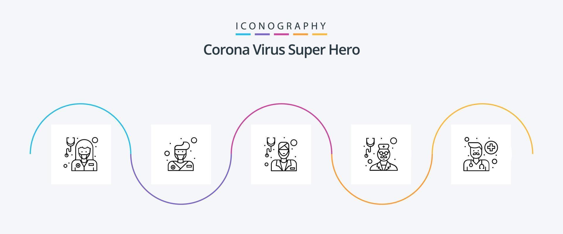 Corona Virus Super Held Linie 5 Symbol Pack einschließlich Benutzerbild. Arzt. Bart. Arzt. medizinisch vektor