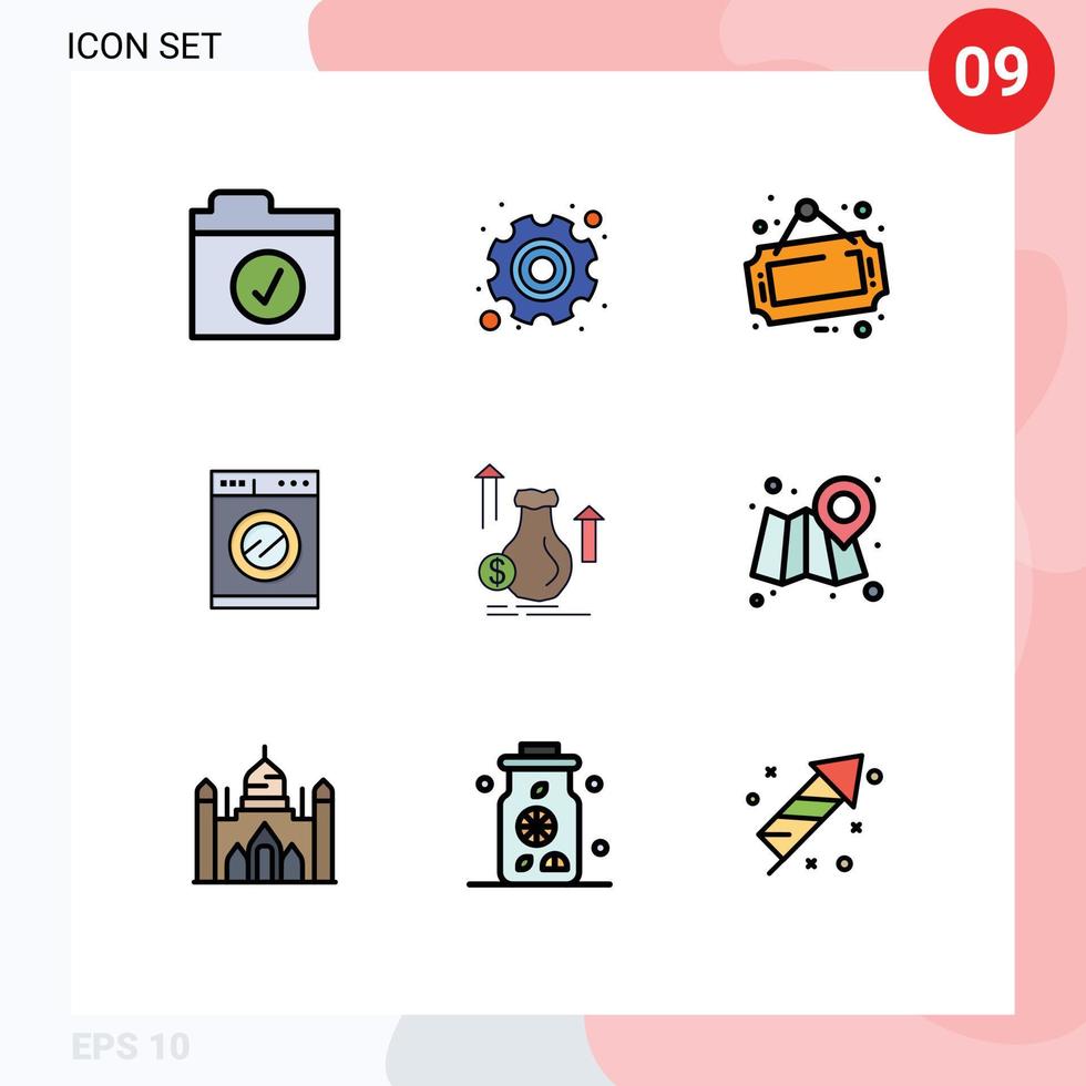 uppsättning av 9 vektor fylld linje platt färger på rutnät för tillväxt väska styrelse pengar maskin redigerbar vektor design element