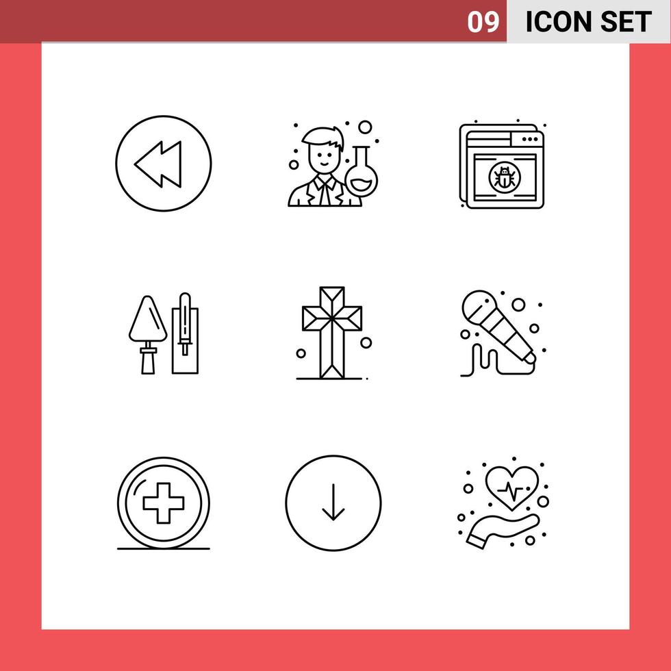 9 universell konturer uppsättning för webb och mobil tillämpningar kyrka verktyg skydda murverk murverk redigerbar vektor design element
