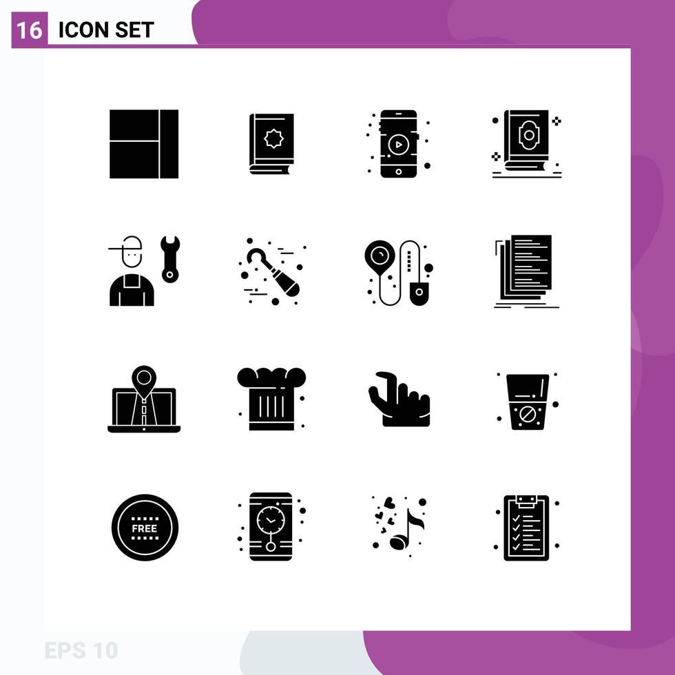 uppsättning av 16 modern ui ikoner symboler tecken för mekaniker avatar film islam helig redigerbar vektor design element