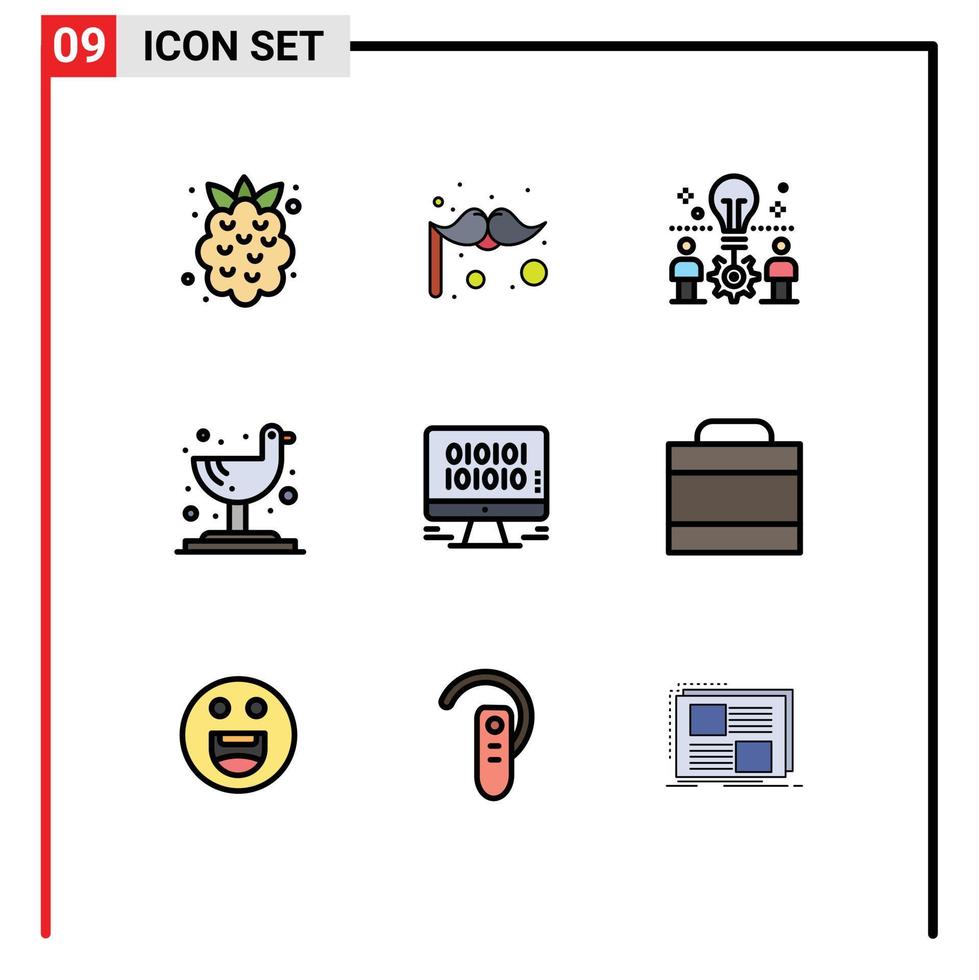 uppsättning av 9 kommersiell fylld linje platt färger packa för förvaltning data Glödlampa tropisk fågel redigerbar vektor design element