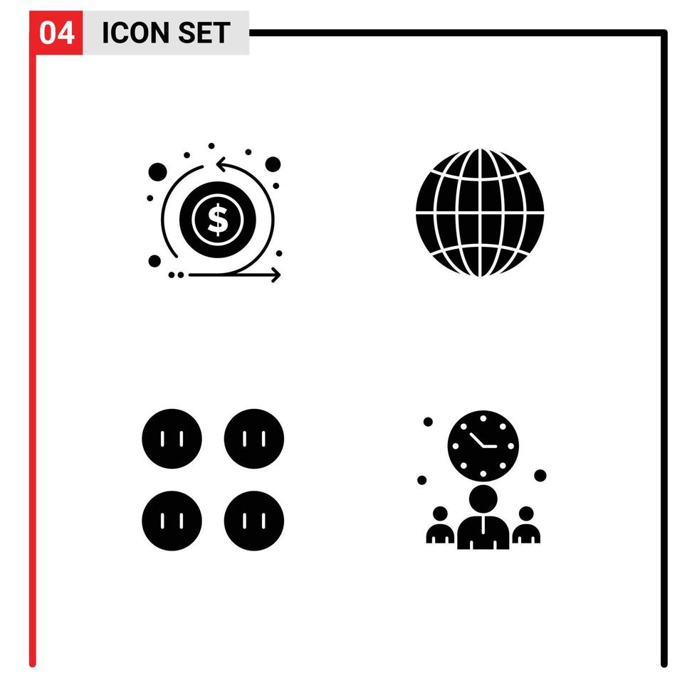 4 universell fast glyfer uppsättning för webb och mobil tillämpningar kontanter Kläder lämna tillbaka värld möte redigerbar vektor design element
