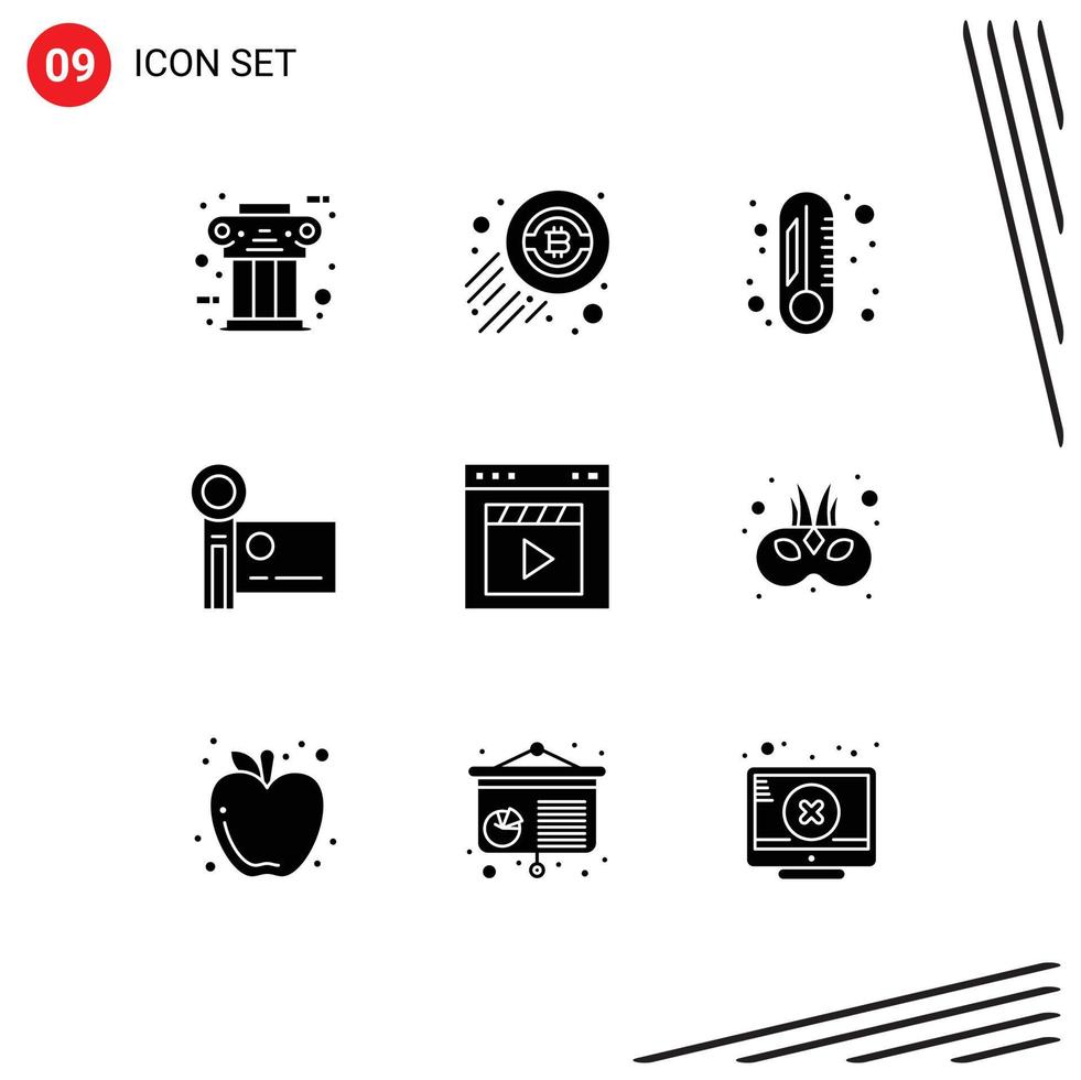 9 universell fast glyf tecken symboler av browser inspelning ekonomi handycam videokamera redigerbar vektor design element