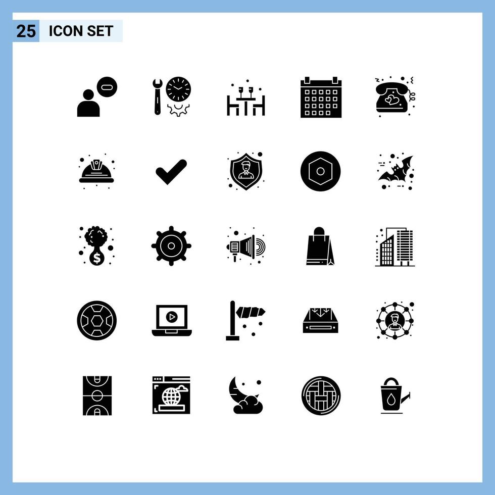 uppsättning av 25 vektor fast glyfer på rutnät för händelse datum verktyg kalender kärlek redigerbar vektor design element