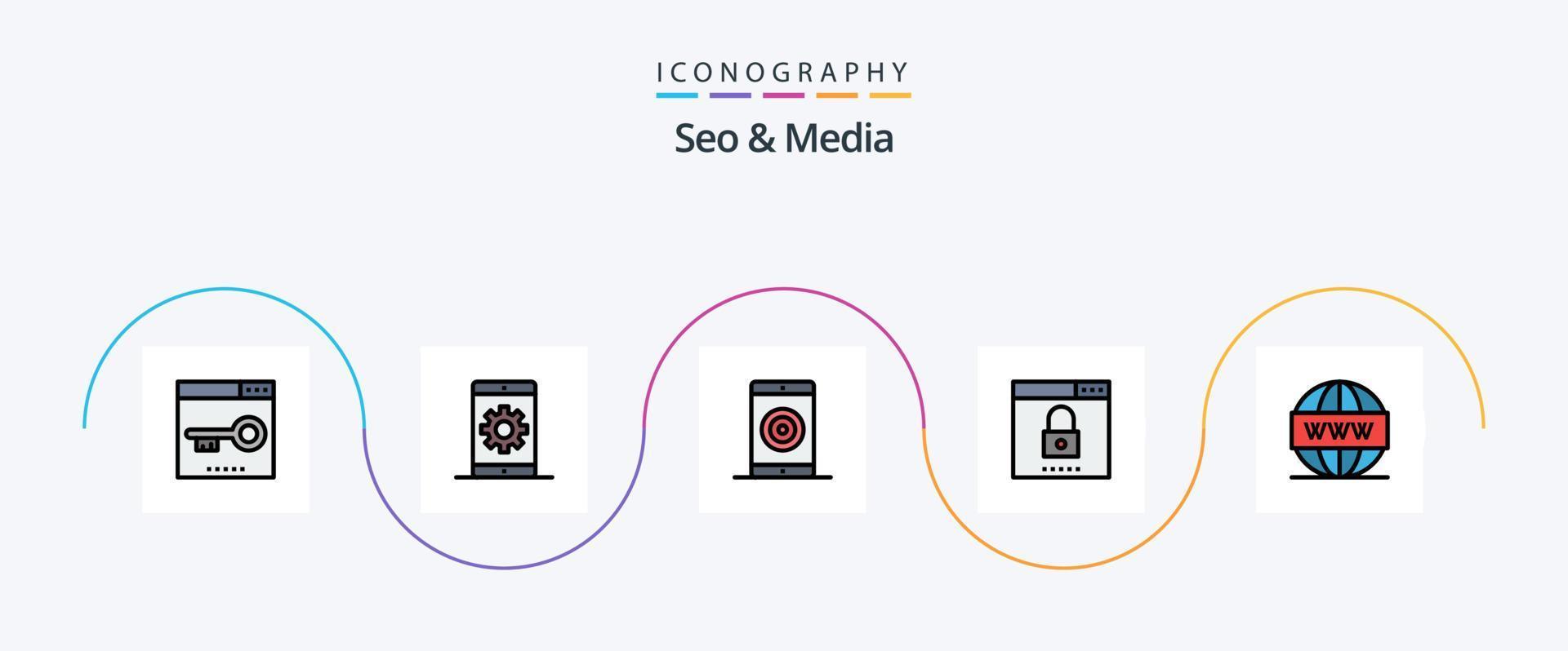 seo och media linje fylld platt 5 ikon packa Inklusive optimering. motor. telefon. prestanda. mobil vektor