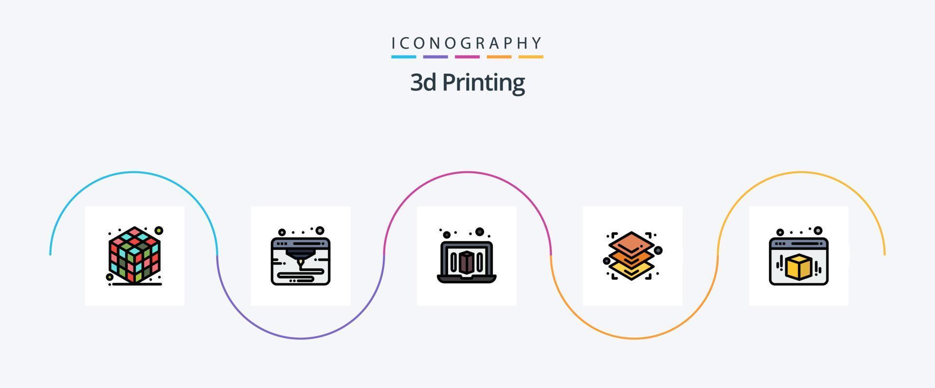 3d utskrift linje fylld platt 5 ikon packa Inklusive kub. tryckt. låda. utskrift vektor