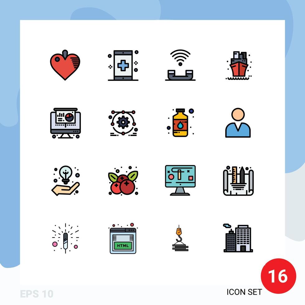 16 Universal- eben Farbe gefüllt Linie Zeichen Symbole von Computer Schiff Gerät Meer Telefon editierbar kreativ Vektor Design Elemente