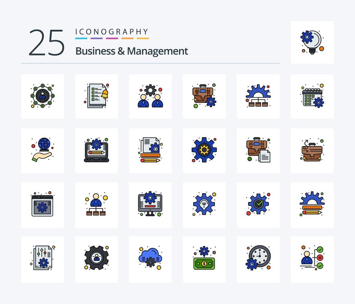 Geschäft und Verwaltung 25 Linie gefüllt Symbol Pack einschließlich Verfahren. Management. Management. Optimierung. Zahn vektor