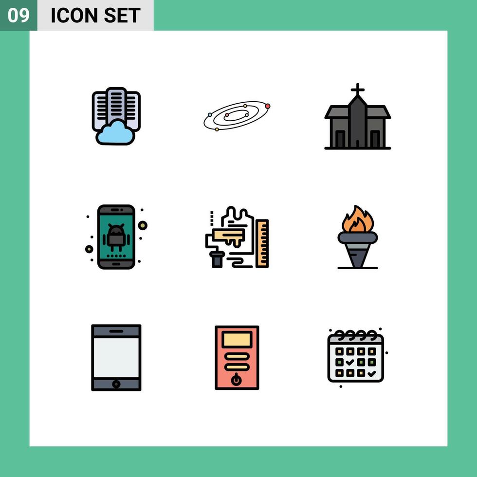 Gruppe von 9 gefüllte Linie eben Farben Zeichen und Symbole zum Telefon Anwendung Universum Android historisch editierbar Vektor Design Elemente