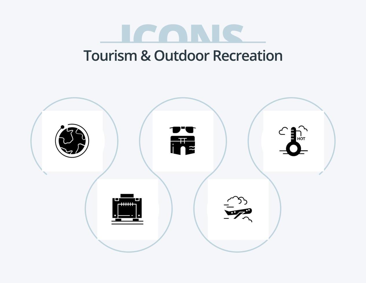 turism och utomhus- rekreation glyf ikon packa 5 ikon design. temperatur. strand. klot. simma. badsvit vektor