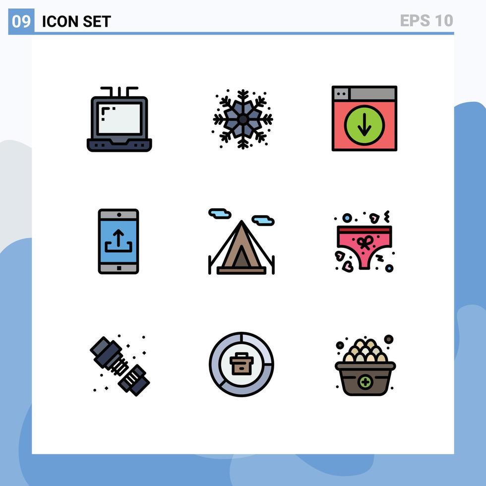 uppsättning av 9 modern ui ikoner symboler tecken för teepee strand tält ner ladda upp mobil Ansökan redigerbar vektor design element