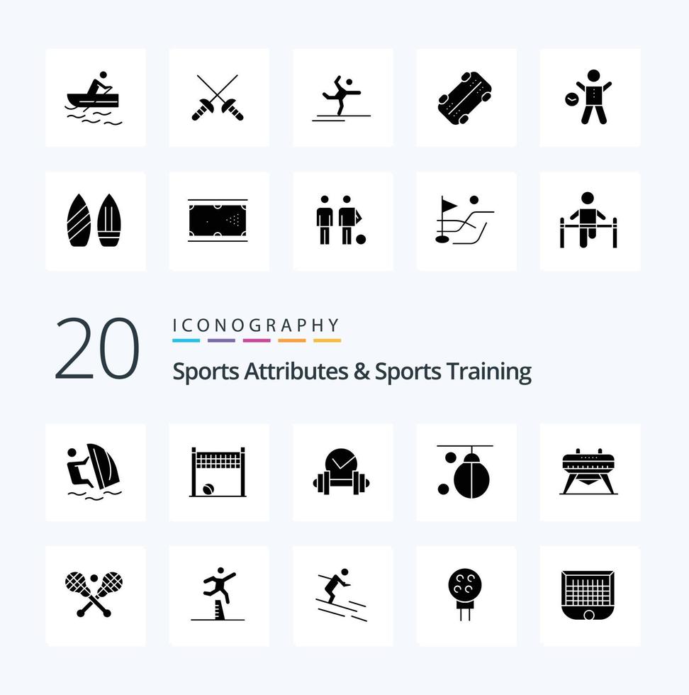 20 Sport Attribute und Sport Ausbildung solide Glyphe Symbol Pack mögen Ausbildung Boxen Volleyball Boxer Sport vektor