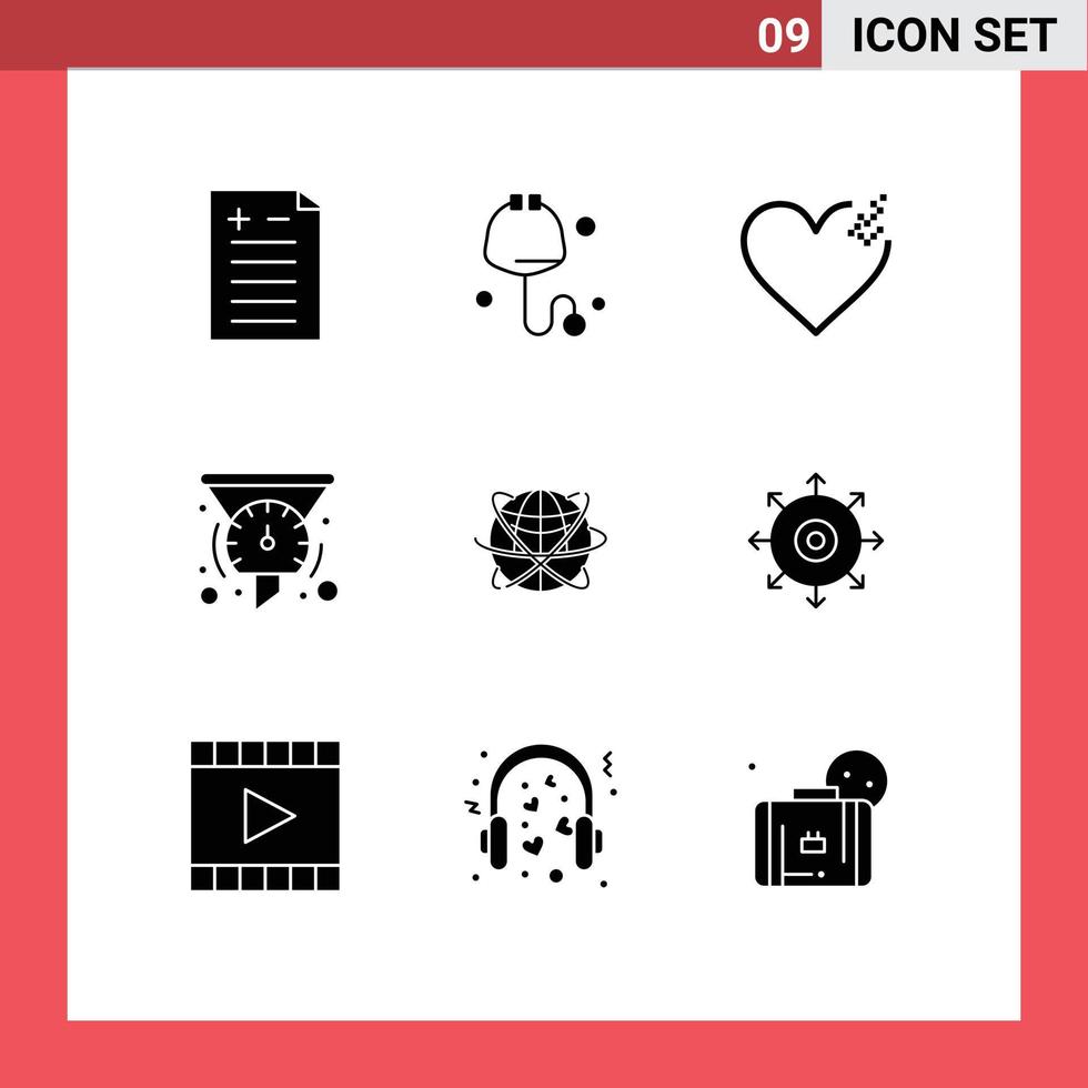 9 tematiska vektor fast glyfer och redigerbar symboler av global företag kärlek klot hastighetsmätare redigerbar vektor design element