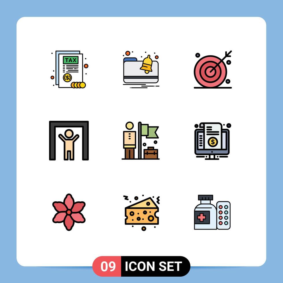 Pack von 9 modern gefüllte Linie eben Farben Zeichen und Symbole zum Netz drucken Medien eine solche wie Geschäftsmann erreicht Bullen Sicherheit Mensch Scanner editierbar Vektor Design Elemente
