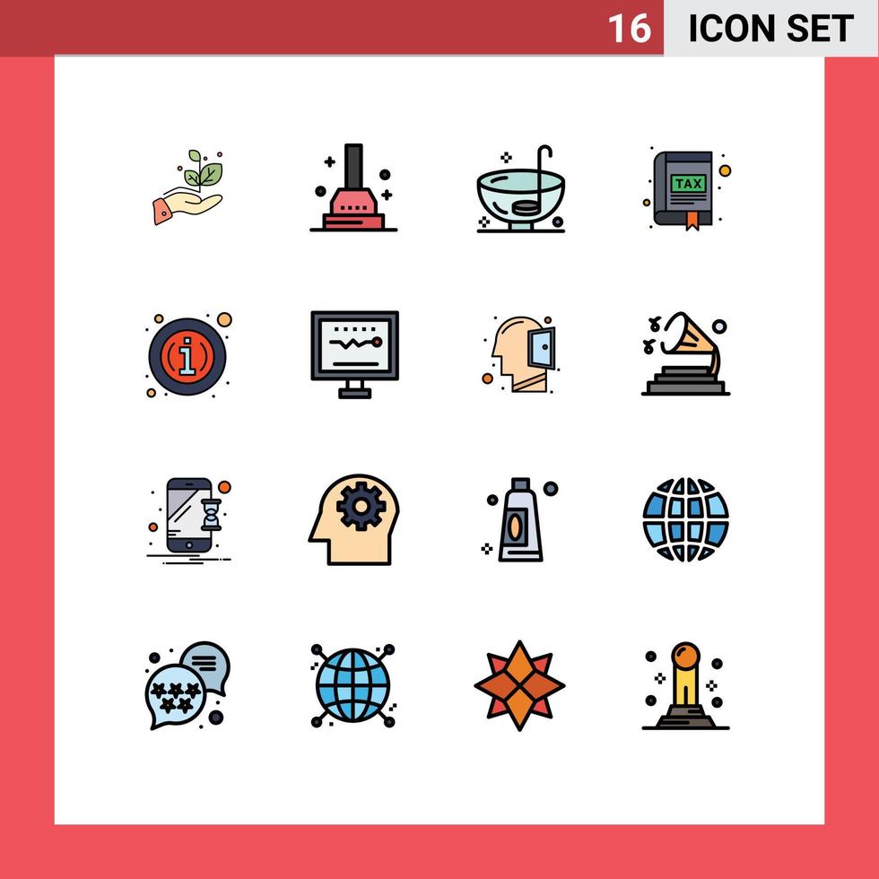 Gruppe von 16 eben Farbe gefüllt Linien Zeichen und Symbole zum Über Schnittstelle trinken Buch App editierbar kreativ Vektor Design Elemente