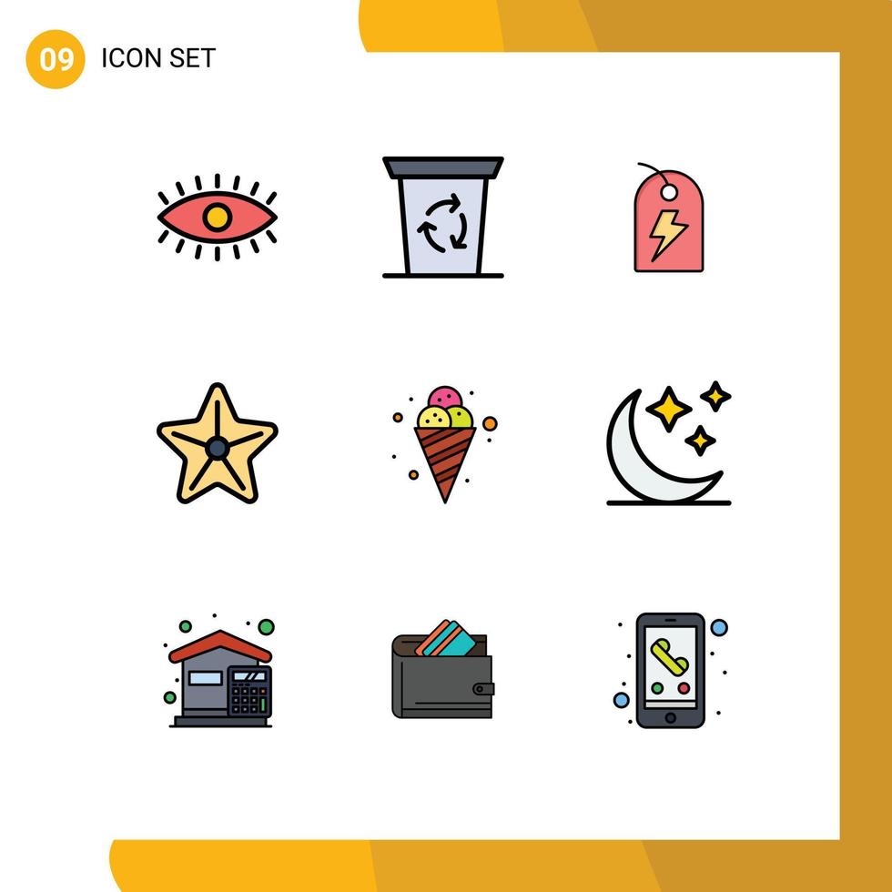 modern uppsättning av 9 fylld linje platt färger pictograph av is grädde grädde tecken sjöstjärna hav redigerbar vektor design element