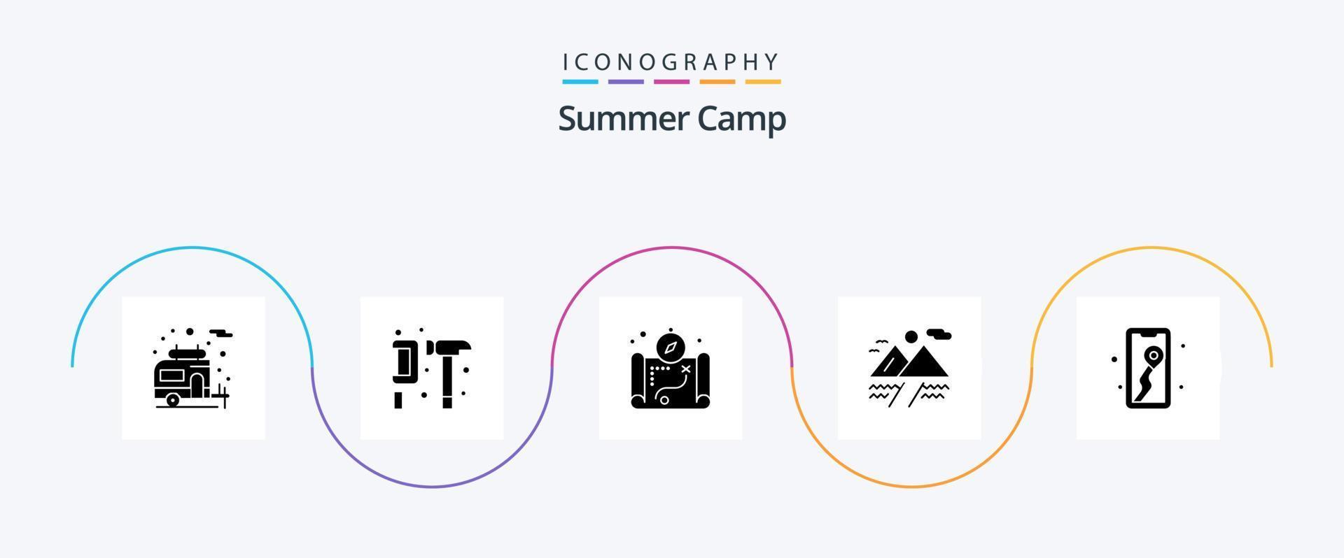 sommar läger glyf 5 ikon packa Inklusive camping. plats. Karta. mobil. moln vektor