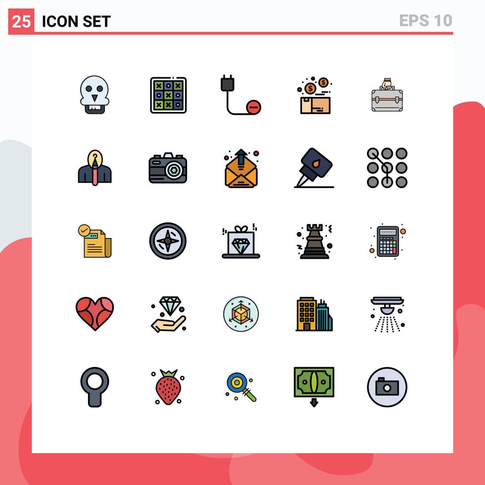 grupp av 25 fylld linje platt färger tecken och symboler för paket pengar spel bunt hårdvara redigerbar vektor design element