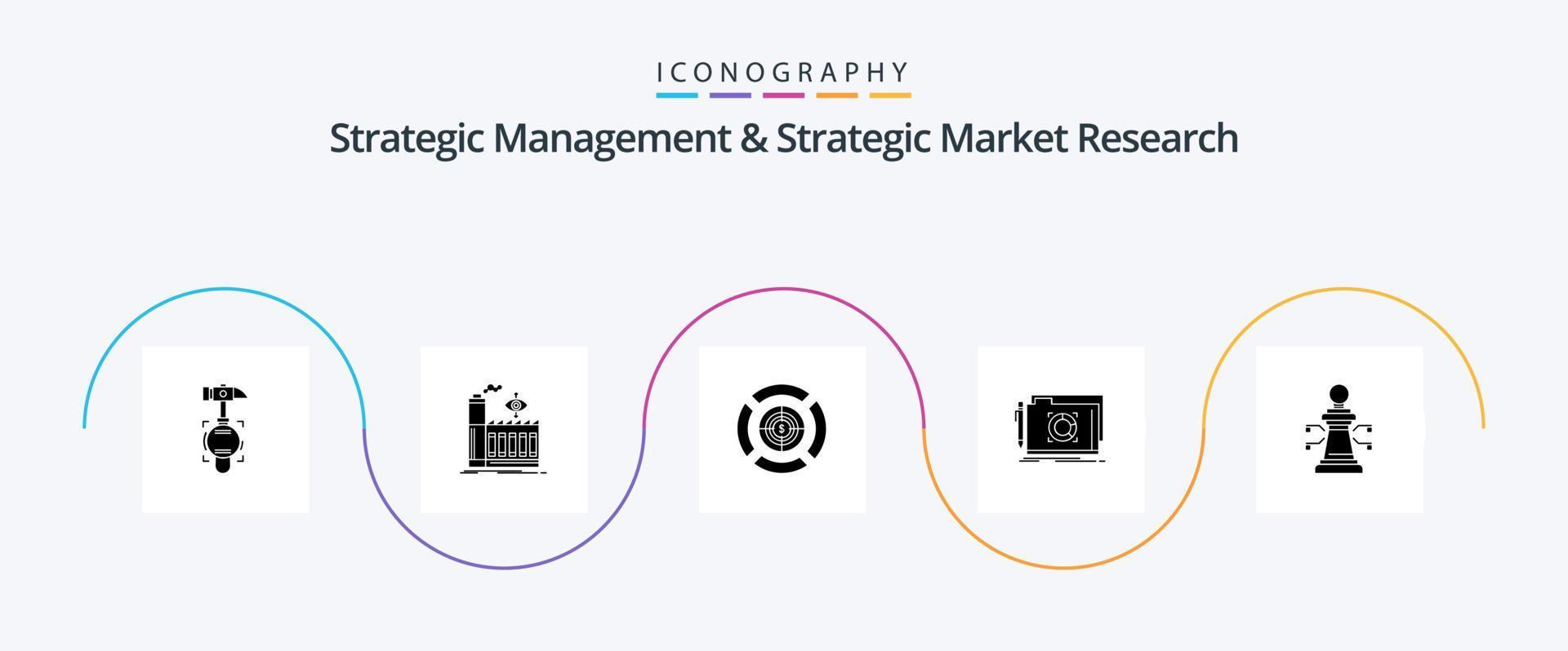 strategisk förvaltning och strategisk marknadsföra forskning glyf 5 ikon packa Inklusive bärbar dator. fil. pil. mål. mapp vektor