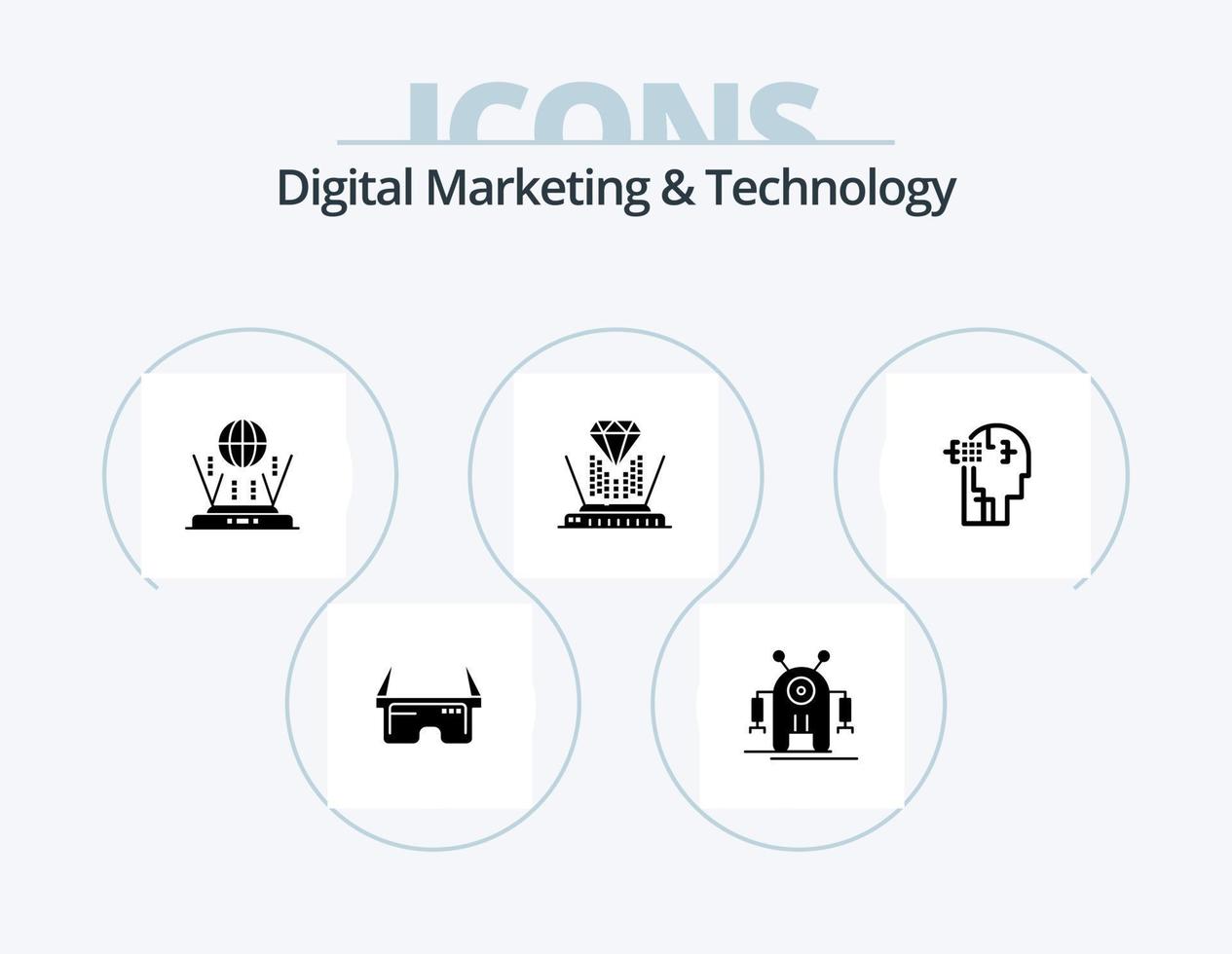 digital marknadsföring och teknologi glyf ikon packa 5 ikon design. mänsklig. diamant. internet. teknologi. hologram vektor