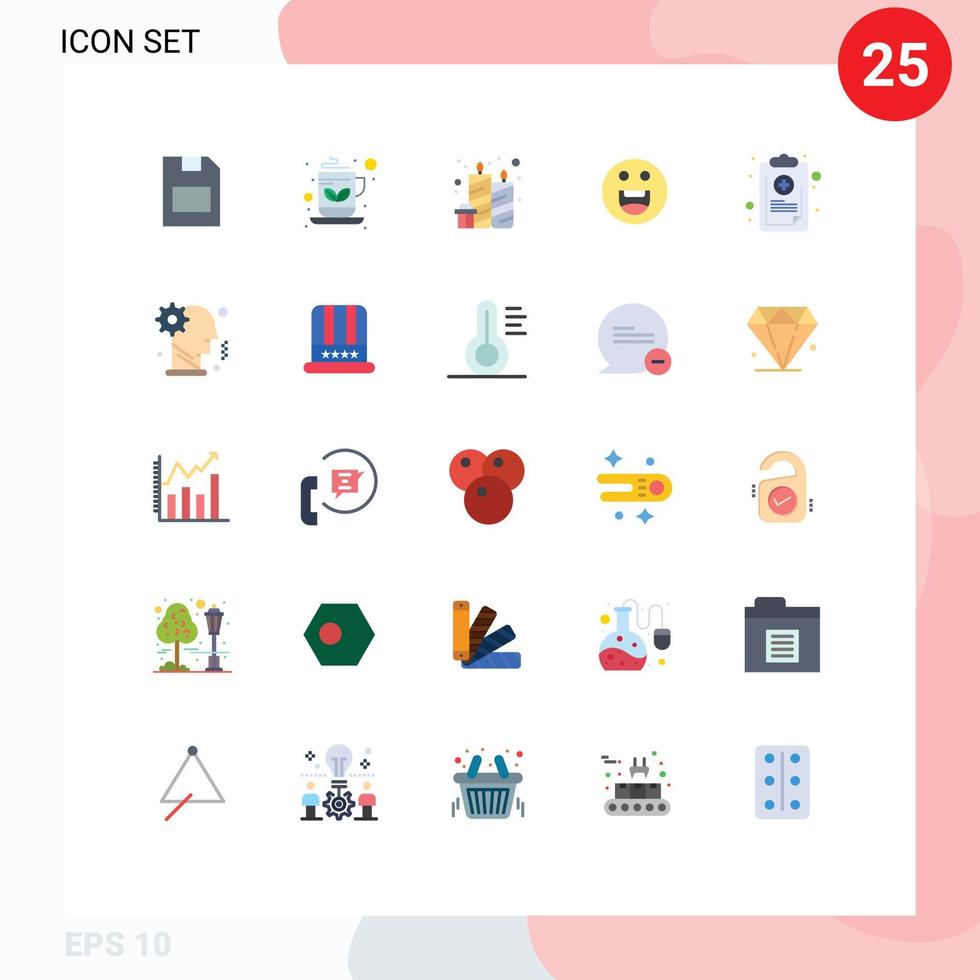 Pack von 25 kreativ eben Farben von aufführen Diagramm Geburtstag Motivation Emojis editierbar Vektor Design Elemente