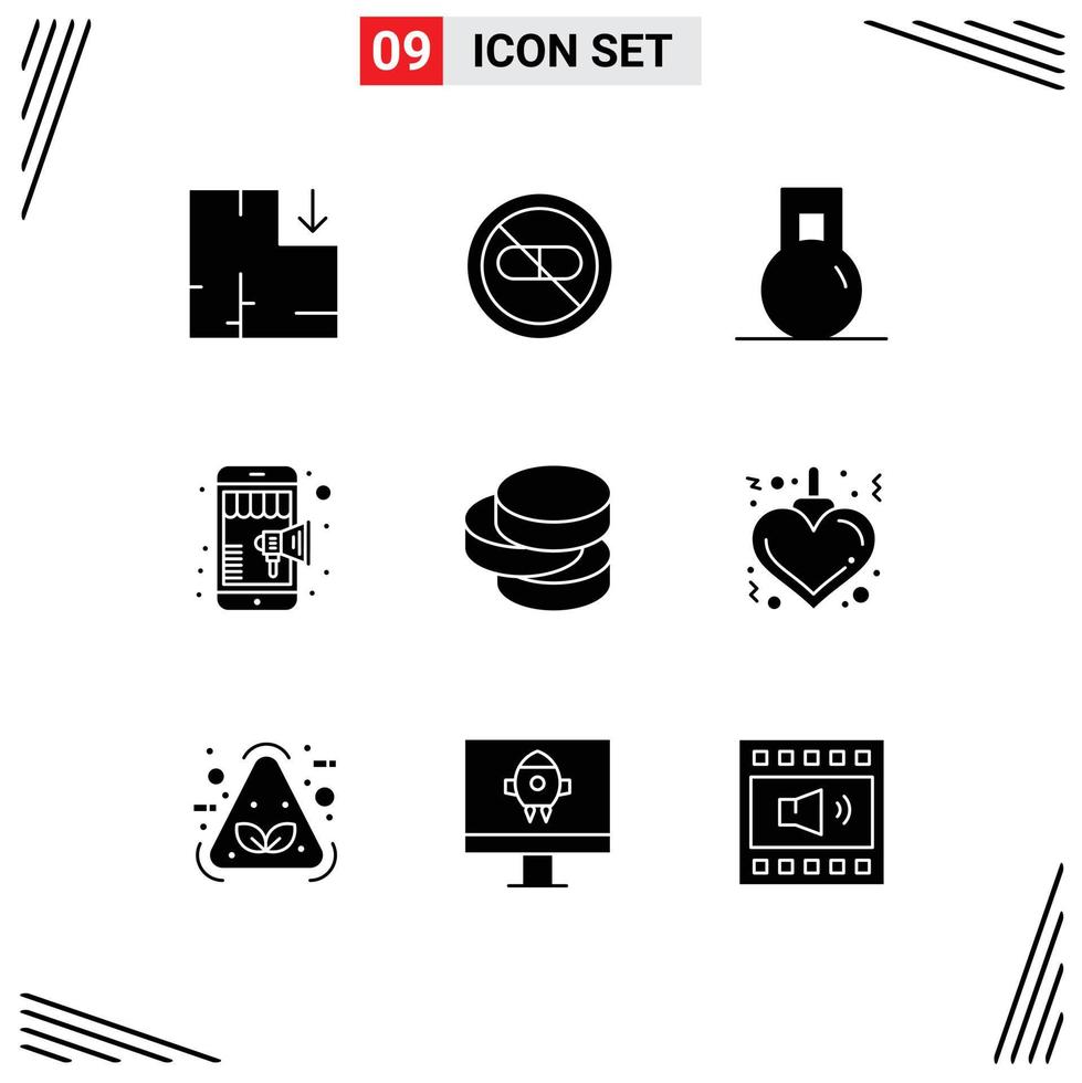 9 universell fast glyf tecken symboler av mynt mobil marknadsföring kondition handla uppkopplad redigerbar vektor design element