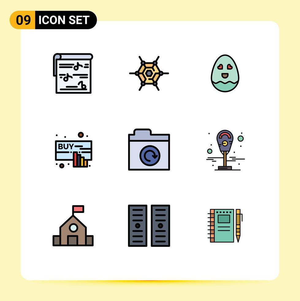 9 fylld linje platt Färg begrepp för webbplatser mobil och appar Återställ mapp ägg uppkopplad klick redigerbar vektor design element