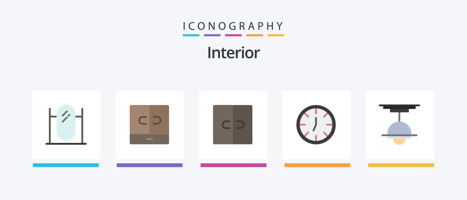 interiör platt 5 ikon packa Inklusive . ljus. klocka. lampa. möbel. kreativ ikoner design vektor