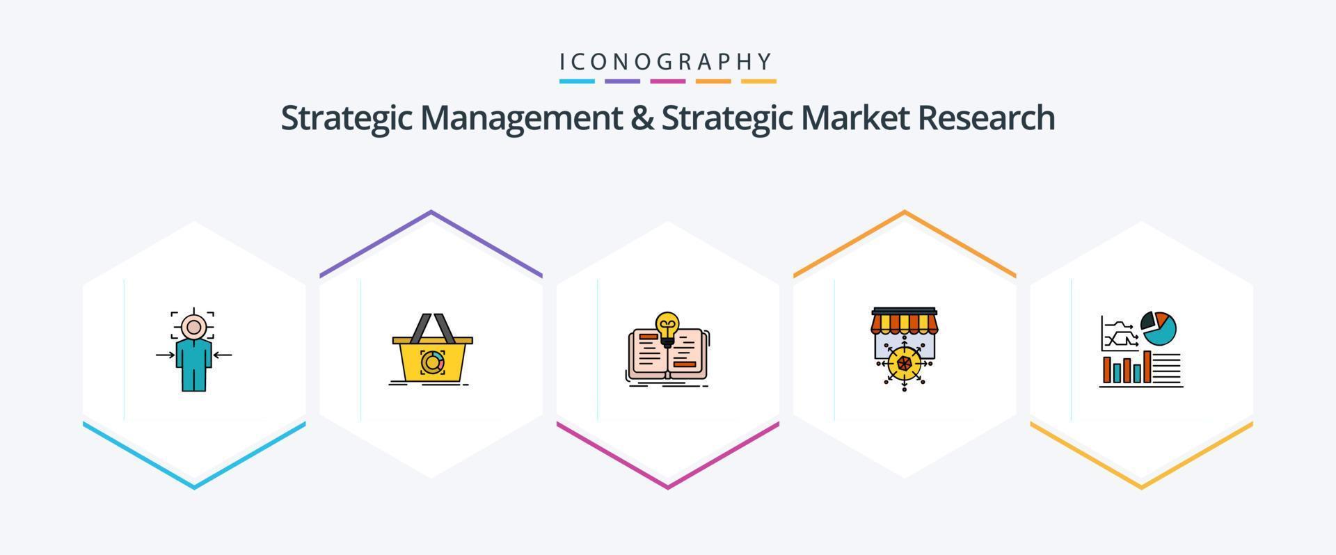 strategisch Verwaltung und strategisch Markt Forschung 25 gefüllte Linie Symbol Pack einschließlich Graph. Ziel. Einkaufen. Einkaufen. Geschichte vektor