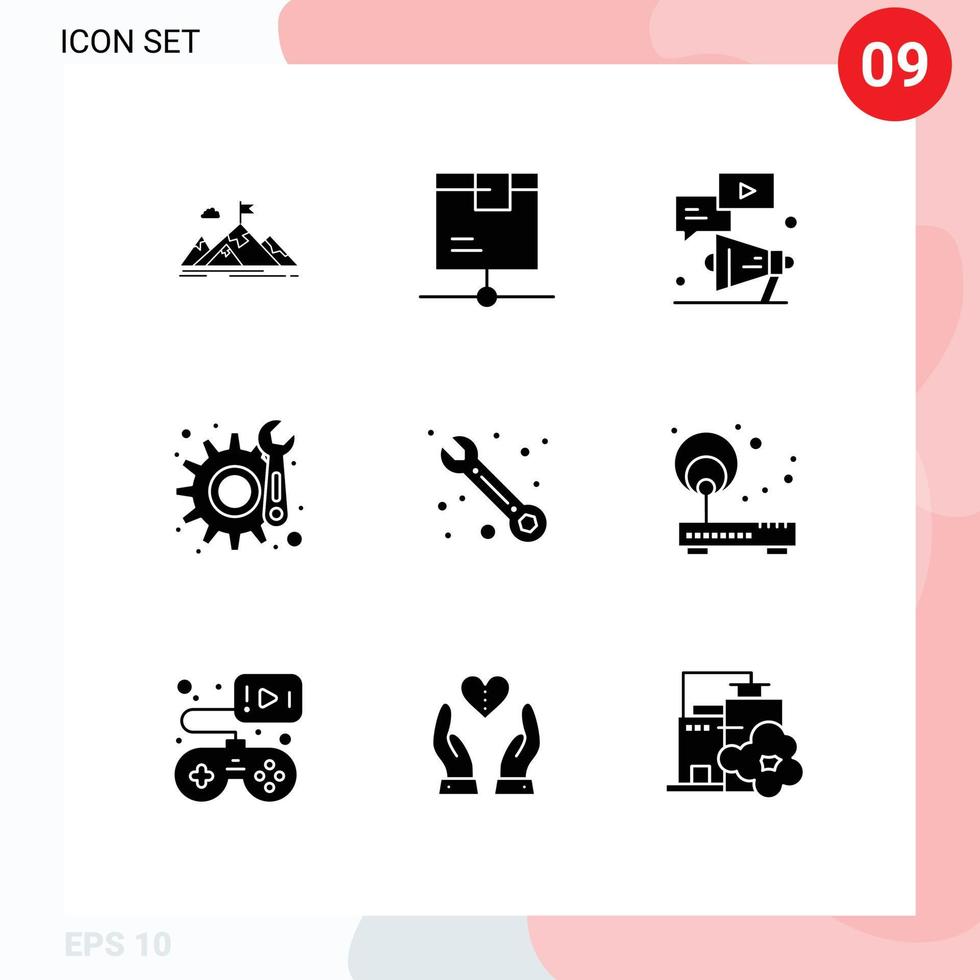 9 thematisch Vektor solide Glyphen und editierbar Symbole von Ausrüstung Plaudern logistisch Youtube Megaphon editierbar Vektor Design Elemente