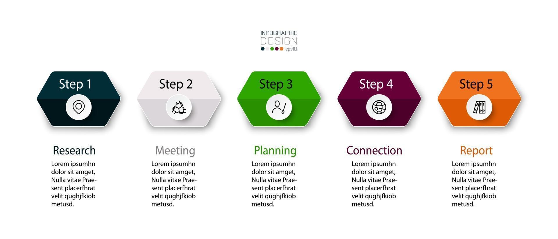 5 sechseckige Schritte zur Präsentation der Arbeit und zur Erläuterung der Planung für das Unternehmensgeschäft. Infografik Design. vektor