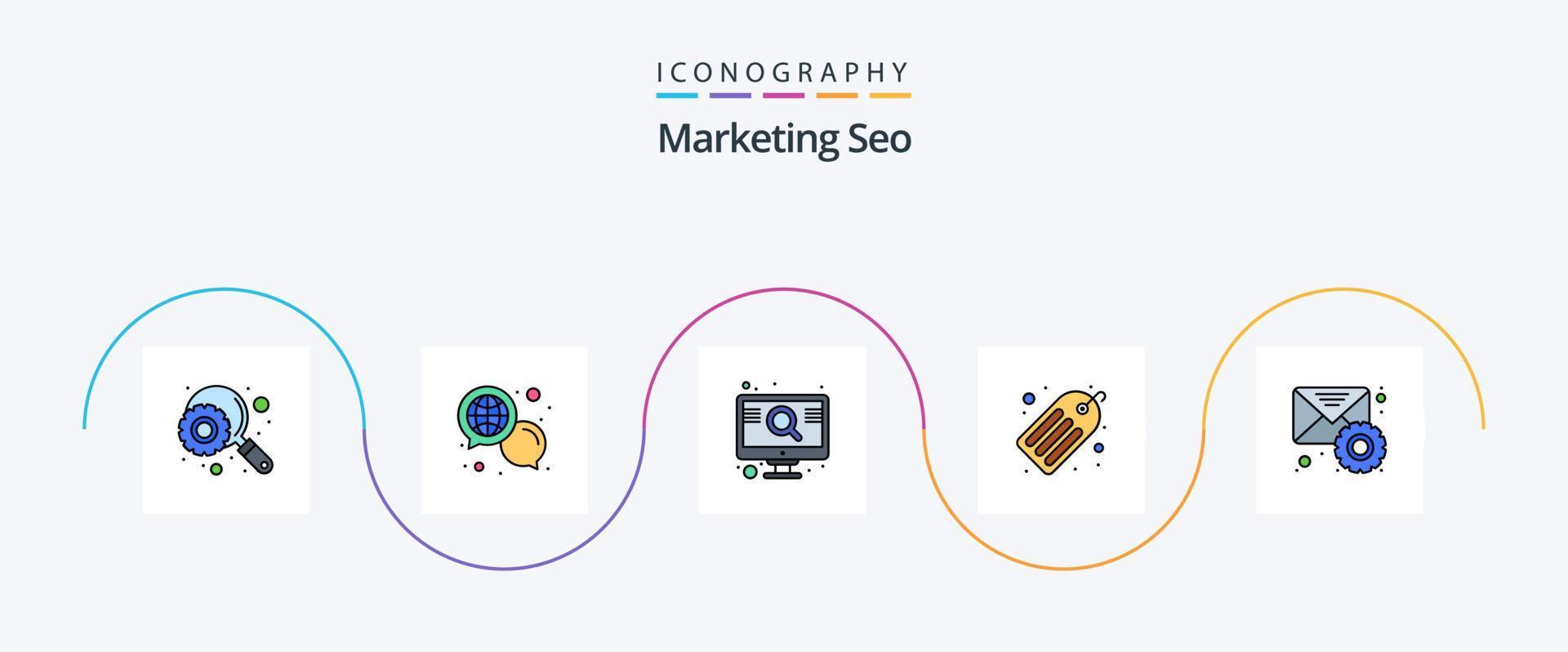 marknadsföring seo linje fylld platt 5 ikon packa Inklusive inställningar. e-post. optimering. optimal nyckelord. seo vektor