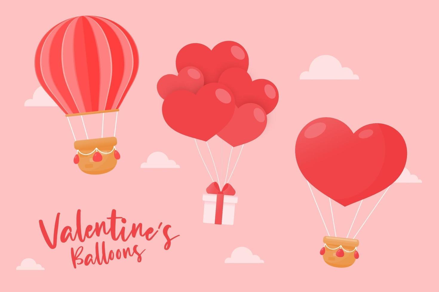 verschiedene Luftballons, die im Himmel schweben, gebunden mit Geschenkboxen und roten Herzen am Valentinstag vektor