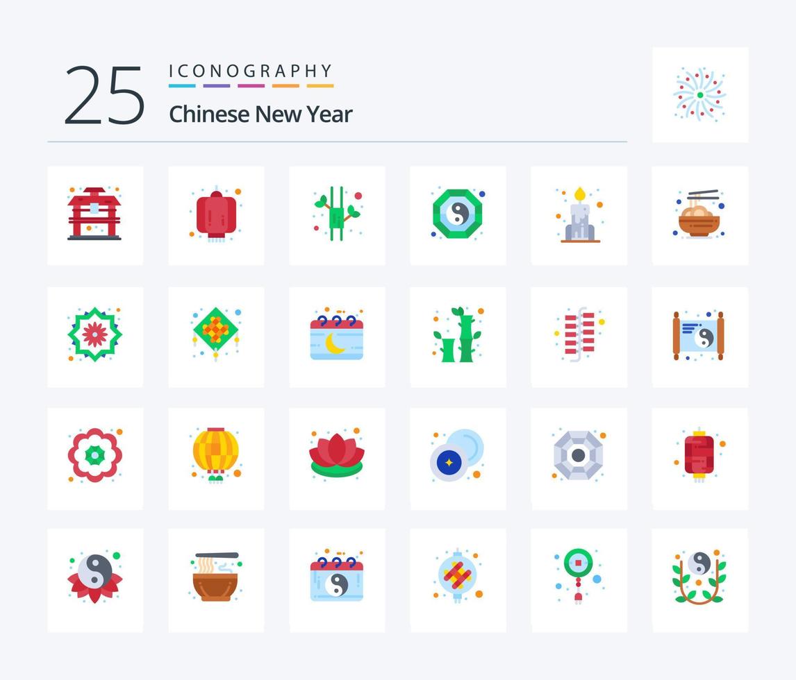kinesisk ny år 25 platt Färg ikon packa Inklusive kinesiska. ljus. bambu. ying. shui vektor