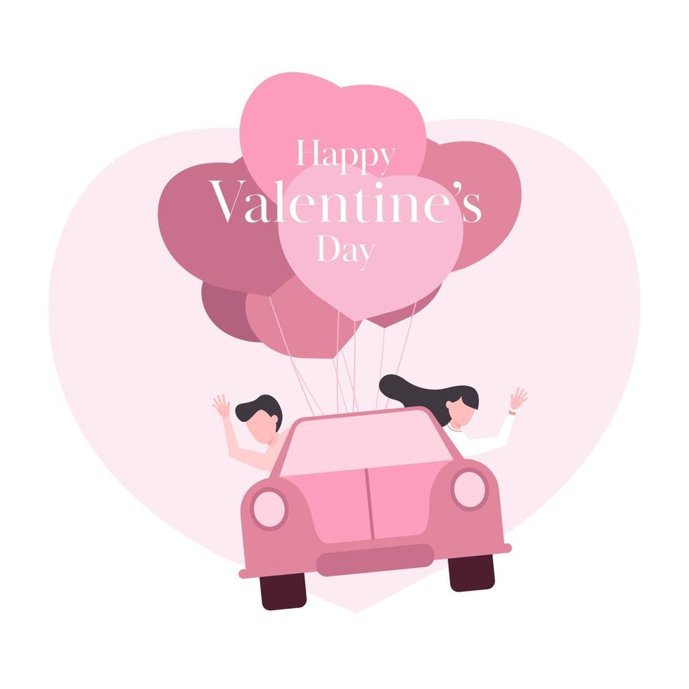 fröhlichen Valentinstag. Paar in einem Auto, das mit einem Herzballon im Himmel schwimmt. vektor