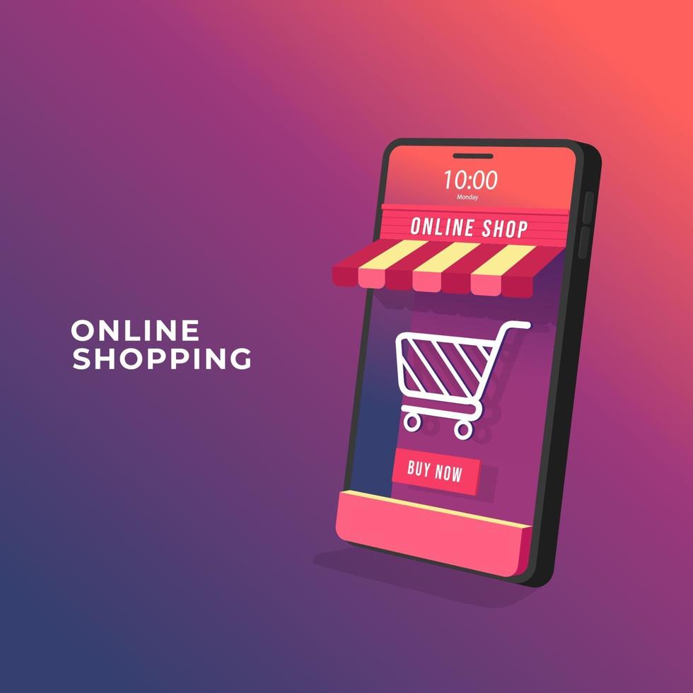 online shopping på mobil applikationskoncept. Online-butik 3d på mobiltelefonen. vektor