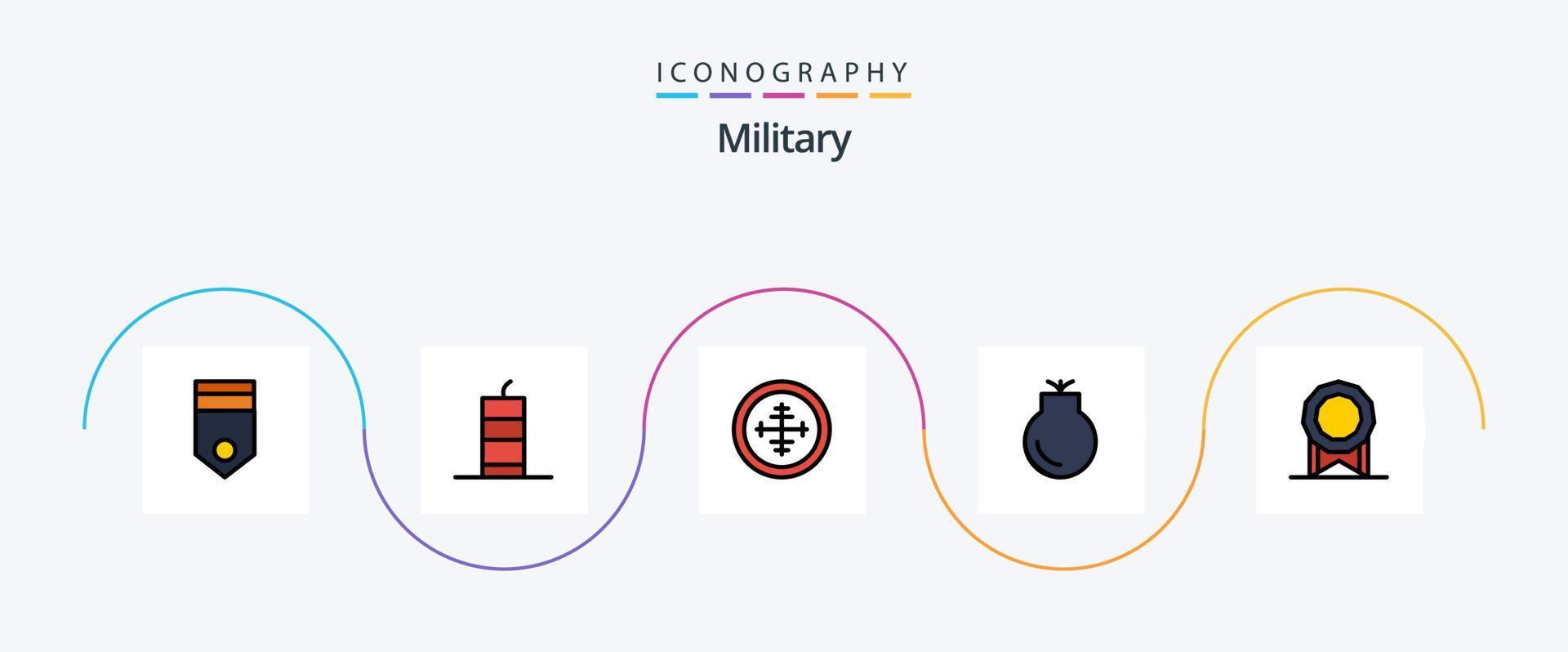 Militär- Linie gefüllt eben 5 Symbol Pack einschließlich Militär. Pistole. Militär- Bombe. Ziel. Militär- vektor