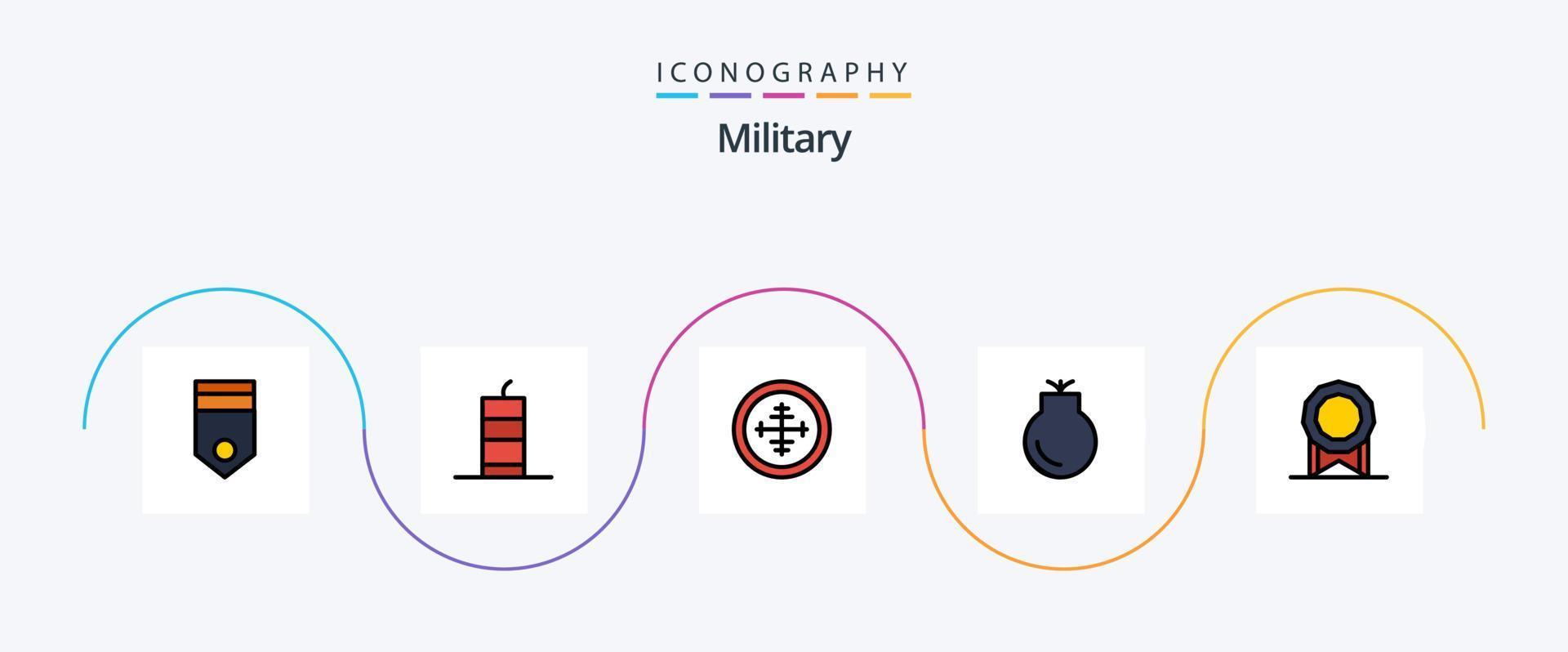 militär linje fylld platt 5 ikon packa Inklusive militär. pistol. militär bomba. mål. militär vektor