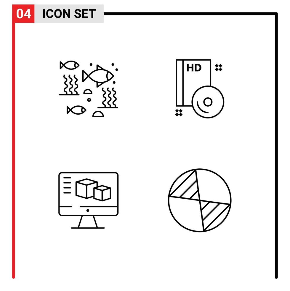 Linie Pack von 4 Universal- Symbole von Fisch DVD Meer CD Monitor editierbar Vektor Design Elemente