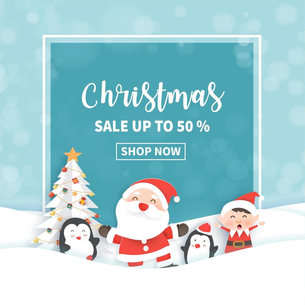 jul försäljning banner med jultomte och vänner. vektor