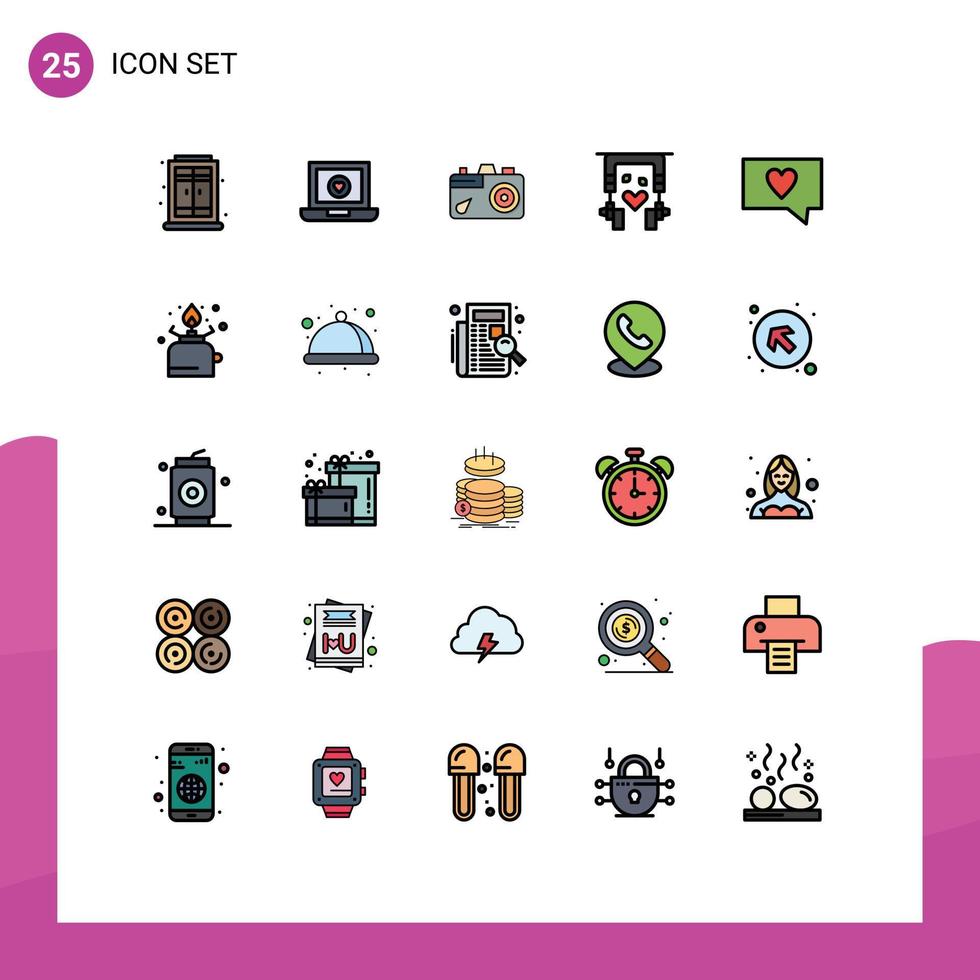uppsättning av 25 vektor fylld linje platt färger på rutnät för meddelande tycka om utbildning terapi musik redigerbar vektor design element