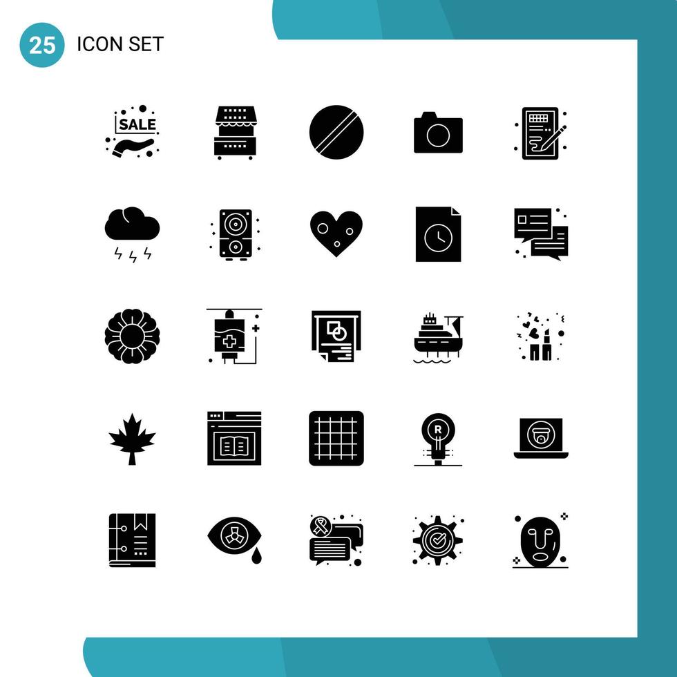 25 användare gränssnitt fast glyf packa av modern tecken och symboler av grundläggande bild måltid kamera forskning redigerbar vektor design element