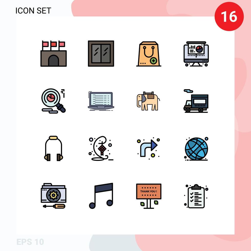 modern einstellen von 16 eben Farbe gefüllt Linien Piktogramm von Forschung Beamer Fenster Computer e editierbar kreativ Vektor Design Elemente