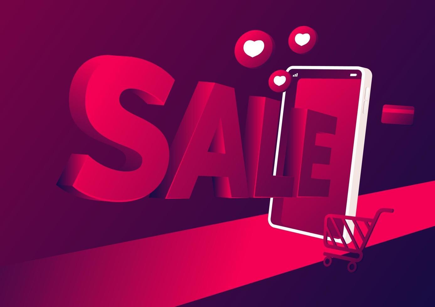försäljning online shopping på mobil applikationsbanner. Online-butik 3d på banermallen för mobiltelefon. vektor