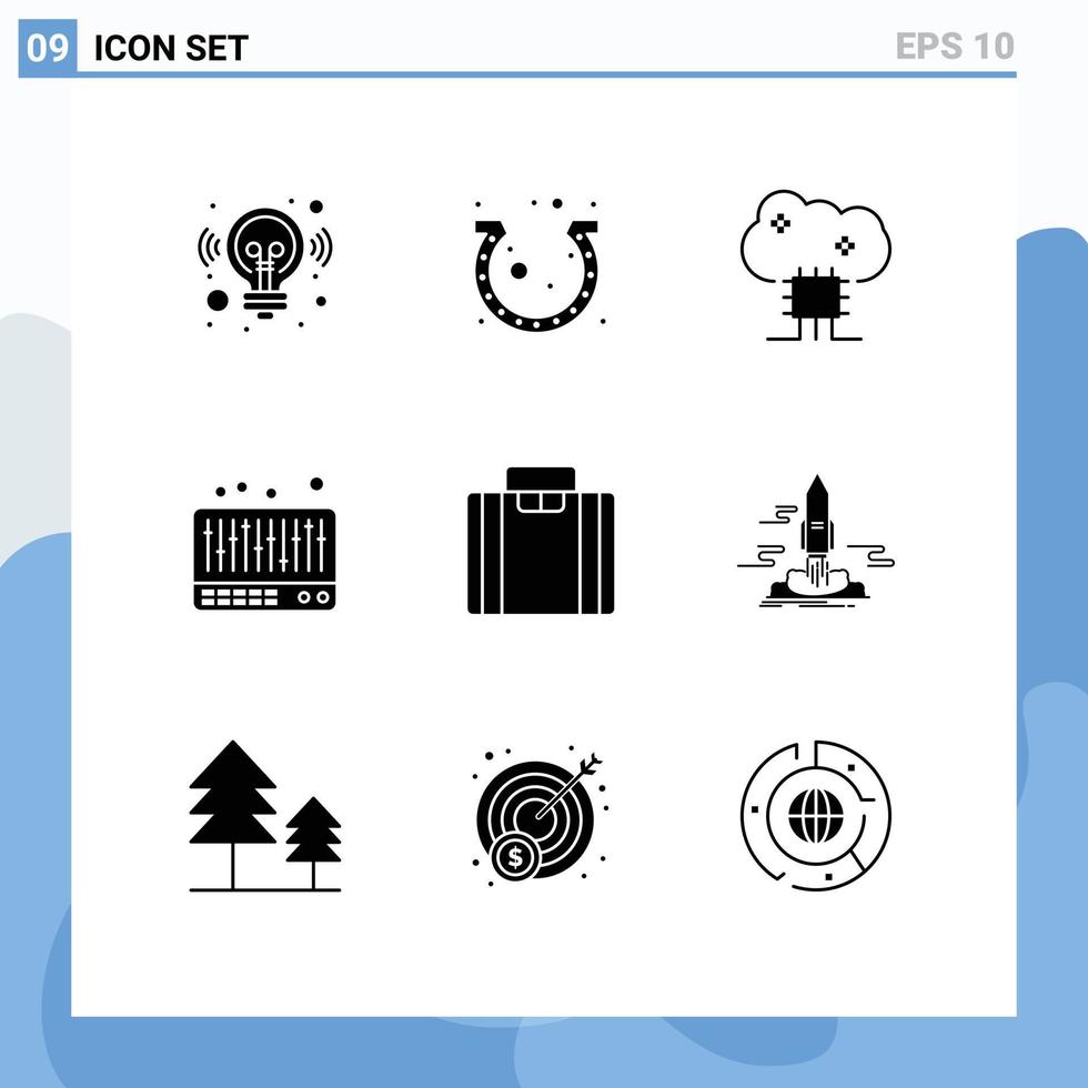 9 fast glyf begrepp för webbplatser mobil och appar portfölj musik tur mixer moln server redigerbar vektor design element