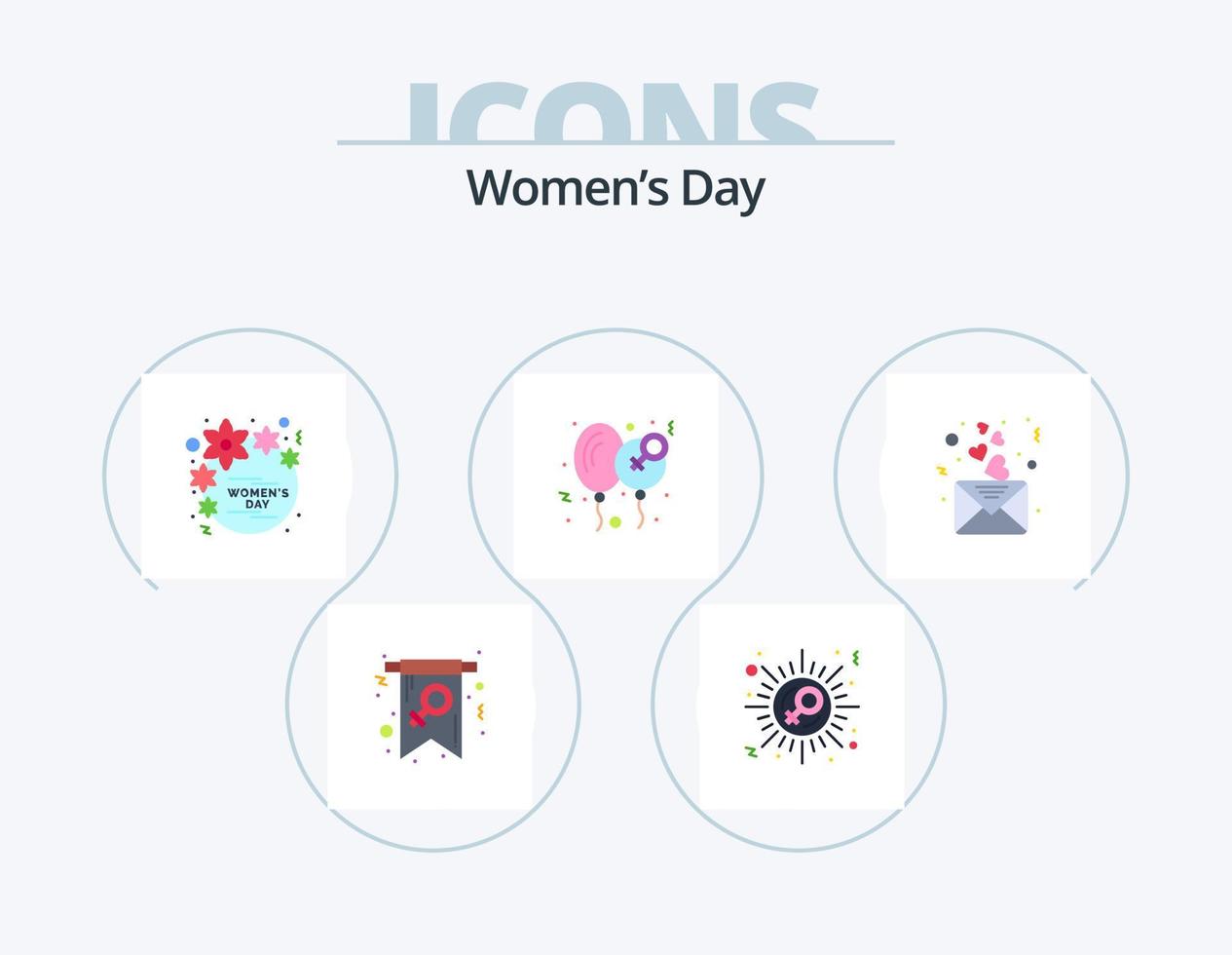 kvinnor dag platt ikon packa 5 ikon design. Lycklig. ballong. kvinna. kvinnor. gåva vektor