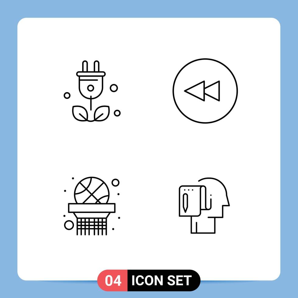 Gruppe von 4 gefüllte Linie eben Farben Zeichen und Symbole zum Stecker Korb Netz Wissenschaft zurückspulen Start von kratzen editierbar Vektor Design Elemente